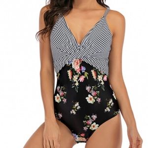 Lu’s Chic Women's V Neck One Piece Swimuits Retro Bathing Low Back Cross Medium